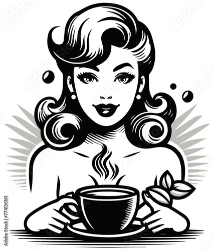 pin-up girl drinking coffe, vintage comic style, black silhouette vector, beauty woman cartoon print, retro clipart pin up illustration © Malgo