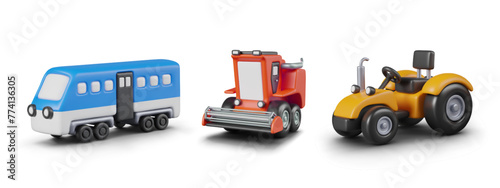Collection of vehicles of various types. Blue railway passenger car, red combine harvester, tractor