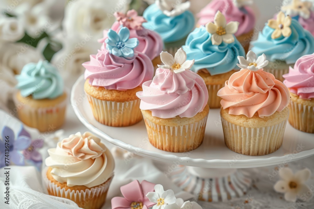 cupcakes with whipped cream close-up in row, pastel tones. dessert for a wedding or birthday party. cupcakes with whipped cream close-up in row, pastel tones. dessert for a wedding or birthday party.
