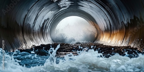 Contaminated storm water in a glossy concrete culvert at maximum capacity, Generative AI  photo