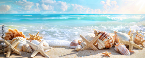 Seashells and starfish on a sandy beach under the sunlight.