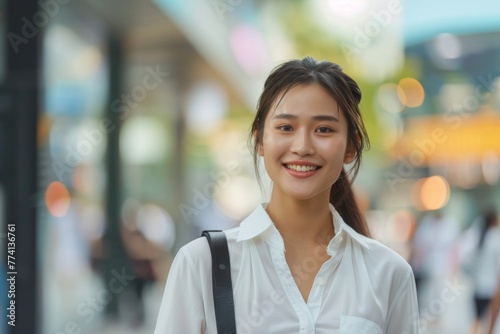 A beautiful young Asian business woman walking in the street, Travel lifestyle concept