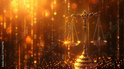 high tech gold Digital justice scale surrounded by digital data on yellow bokeh background , representing the role of AI in business justice.