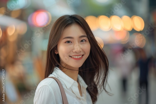Happy Asian Businesswoman Enjoying Urban Stroll, Blurred Outdoor Shopping Mall Background