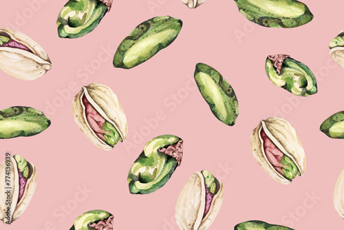 Seamless pattern of pistachios.Nut background texture.For designing fabric patterns, wallpapers, and poster designs.Food ingredients © joy8046