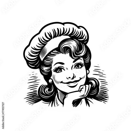 Monochrome retro vintage woman chef lady illustration. Isolated vector.