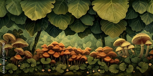 Lush green leaves canopy over vibrant forest mushrooms natural scene