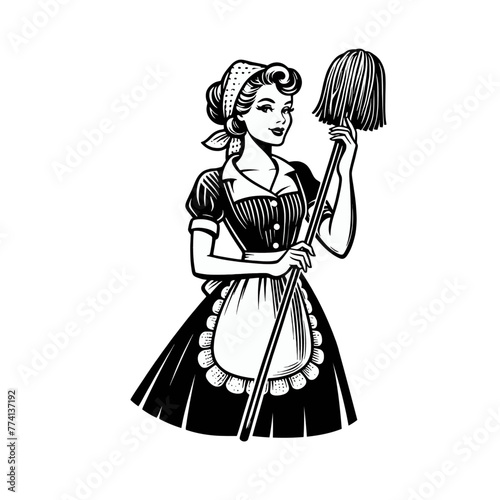 Retro cartoon advertisement cleaning housewife lady doing chores. Vintage illustration