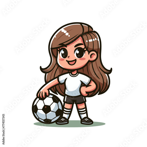 cute cartoon girl soccer player. Football uniform wearing adorable lady with ball. Isolated vector illustration