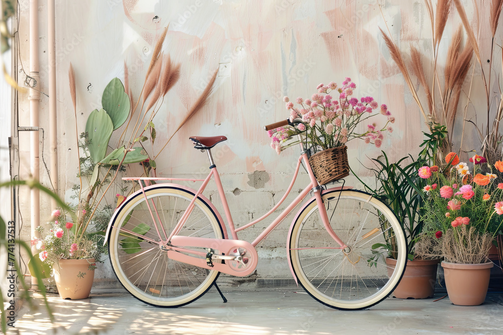 A charming pink vintage bicycle, fully painted in a shade of soft pink, is propped against a white wall adorned with plants and tall grasses in the background. A selection of colorful flowers fills th
