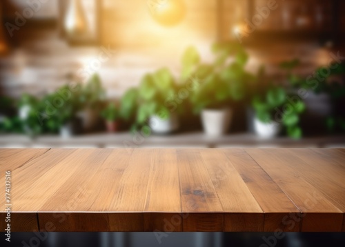 Empty wooden table top with blurred modern kitchen interior background for product display montage, product mockup, or setting kitchen and dining theme. space for text.