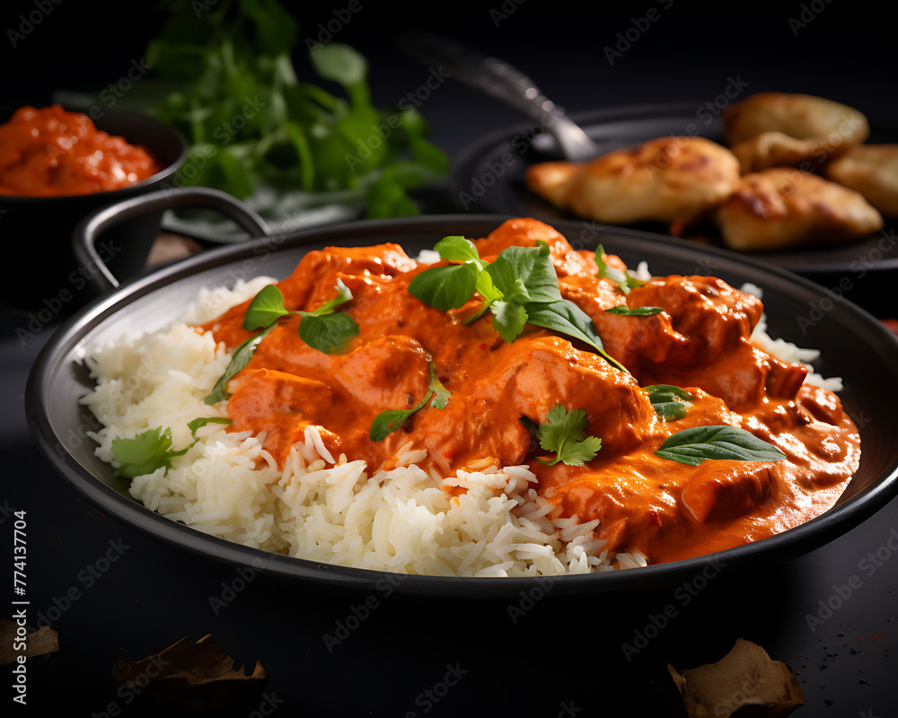 Creamy butter chicken curry served over steamed rice, garnished with fresh cilantro in a bowl. Generative AI Creamy butter chicken curry served over steamed rice, garnished with fresh cilantro in a bowl. Generative AI