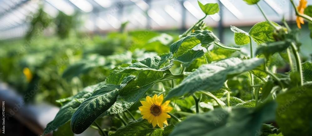 Fototapeta premium Sunflower plant flourishing amidst a plethora of green foliage inside a greenhouse enhancing its growth