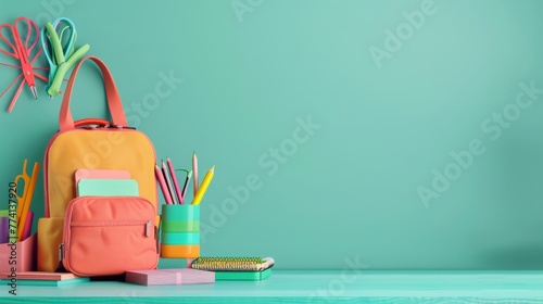 Backpack with different colorful stationery on table pastel green background. Banner design ,Back to School.Top view