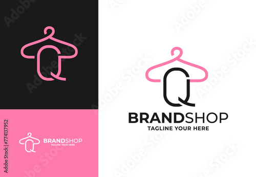 Clothes hanger for Q initial logo vector, Minimalist boutique logo design illustration. Initial capital letter Q elegant hanger icon