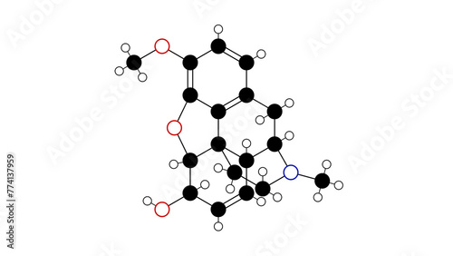 codeine molecule, structural chemical formula, ball-and-stick model, isolated image opiate