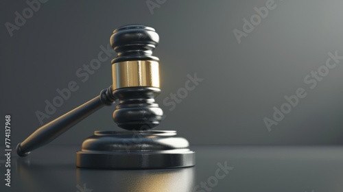 A gavel, the emblem of justice and law in court. The background is gray with reflections on it. photo