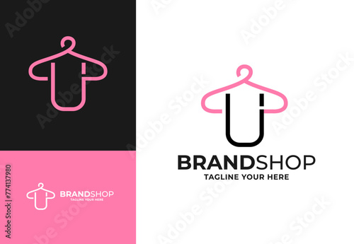 Clothes hanger for U initial logo vector, Minimalist boutique logo design illustration. Initial capital letter U elegant hanger icon