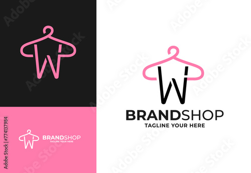 Clothes hanger for W initial logo vector, Minimalist boutique logo design illustration. Initial capital letter W elegant hanger icon