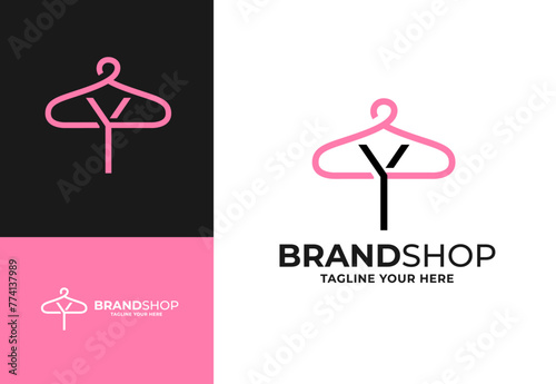 Clothes hanger for Y initial logo vector, Minimalist boutique logo design illustration. Initial capital letter Y elegant hanger icon