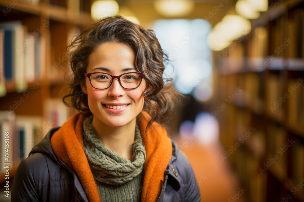 Cheerful Student in Library Aisle Cheerful Student in Library Aisle