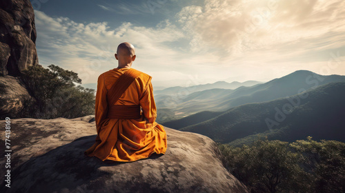 Buddhistic monk in traditional yellow costume sits on on a mountain top and contemplate the heavens outdoor, back view, copy space.
