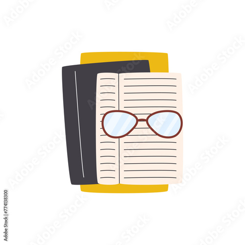 Business documents, organizer with glasses isolated on white. Pile of personal planner and books vector design. Illustration of study concept in hand drawn flat style. Education and learning sticker