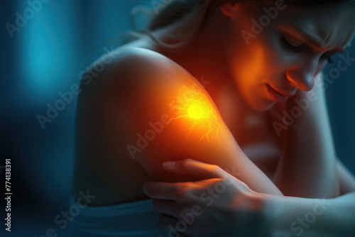 Woman with pain in shoulder at home, joint inflammation, health problems concept