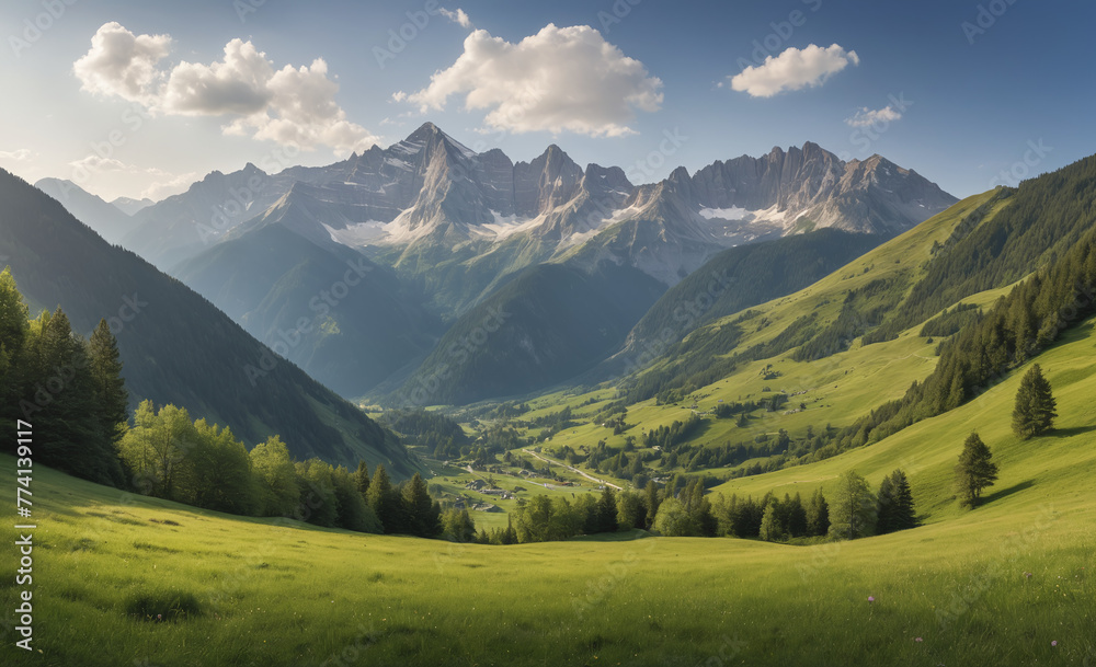 Majestic mountain range, tranquil meadow, panoramic landscape, beauty in nature , detailed