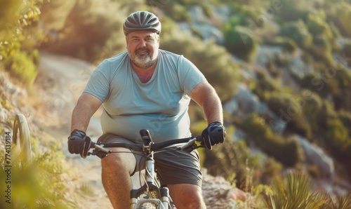 A middle aged overweight man riding a mountain bike