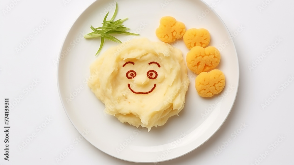 Funny food for kids, cute mashed potatoes on a plate on a white background