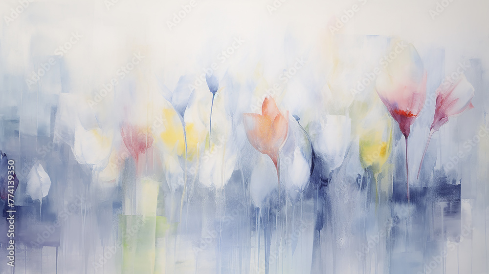 Delicate white tulips flowers, a symbol of love and happiness, a fragrant spring flower bed, a romantic gift for March 8 in watercolor paints - obrazy, fototapety, plakaty 