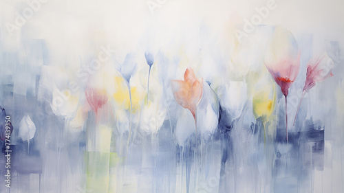 Delicate white tulips flowers, a symbol of love and happiness, a fragrant spring flower bed, a romantic gift for March 8 in watercolor paints photo