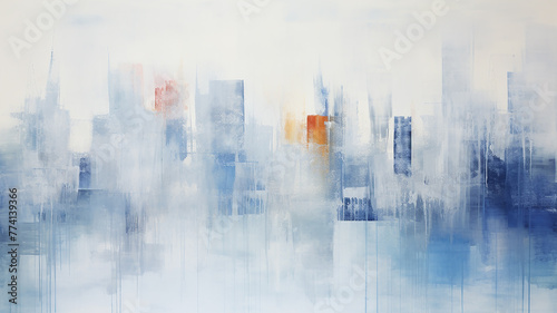 Urban landscape in watercolor paints, skyscrapers and buildings reflected in water, rainy sad day in blue and white tones, background color image