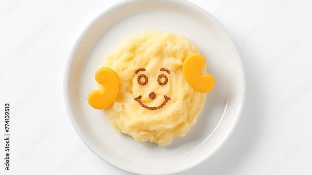 Funny food for kids, cute mashed potatoes on a plate on a white background Funny food for kids, cute mashed potatoes on a plate on a white background