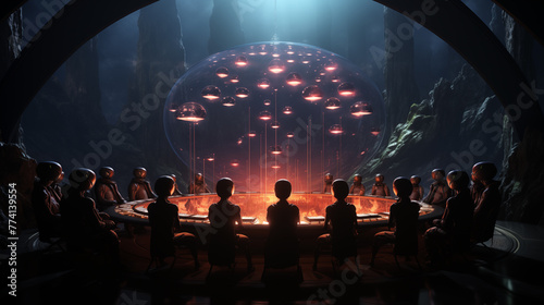 Group of aliens having a meeting in a futuristic room. Conceptual Illustration 