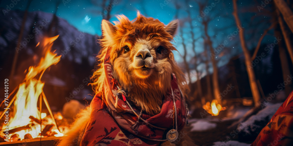 Fototapeta premium Cozy Alpaca by Campfire Under Starry Night Sky