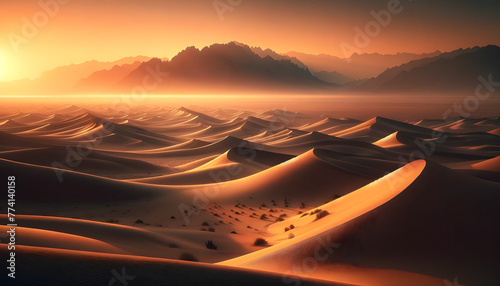 Illustrate an expansive desert landscape during the golden hour, where the last light of the day casts a warm glow over a series of undulating sand