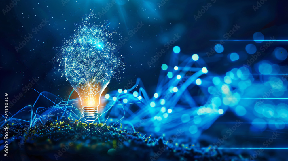 artificial intelligence concept, closeup of a digital glow Light bulb in grass, future data, blue background, waves are flow, generative ai