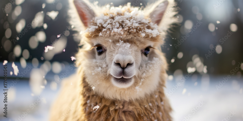 Fototapeta premium Winter Wonderland Alpaca: Close-Up Portrait in Snowy Scenery