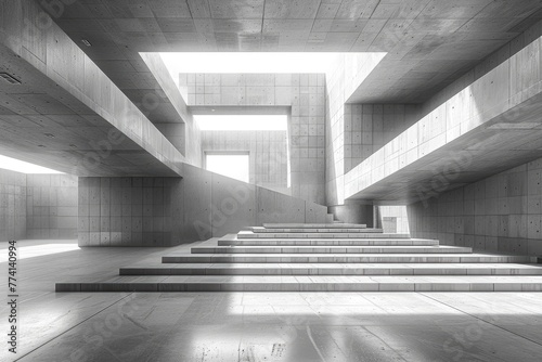 High contrast image of a minimalist staircase set within textured concrete walls and shafts of light