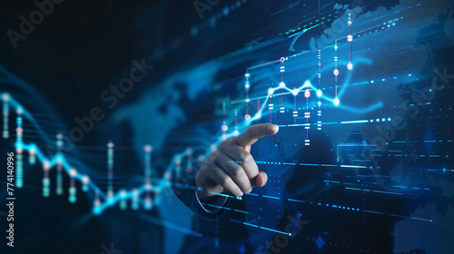 Business technology concept, of a businessman touching blue glow financial graph increase the sales, with connect digital data, crossed on chest, generative ai