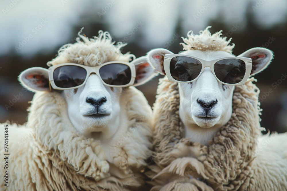 Fototapeta premium Two white, glamorous fierce sheep wearing sunglasses. comic photography