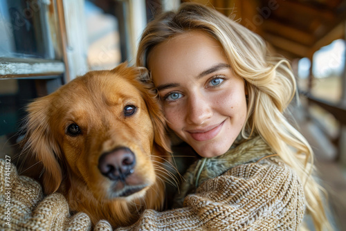 Cherished Moments with Pet: Woman Embracing Golden Retriever