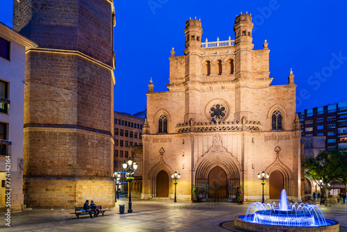 The gothic cathedral of Castellon at twilight; Cathedral of Saint Mary in Castellon de la Plana, Valencia region, Spain photo