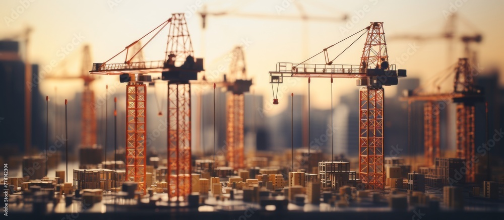 The urban skyline is bustling with activity as numerous construction cranes dot the city landscape