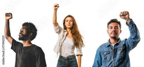 Collection of African American man, Caucasian woman and Latin man rising their fist and arms up to proclaim for their rights and justice. Isolates over white transparent background