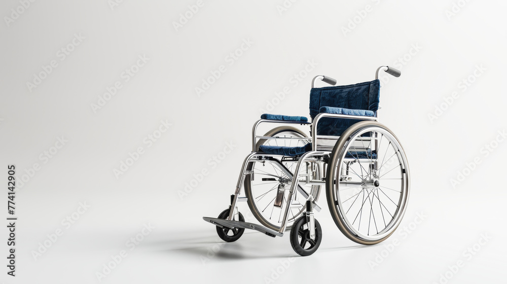 Empty blue wheelchair on a white background, symbolizing accessibility and mobility for individuals with disabilities.