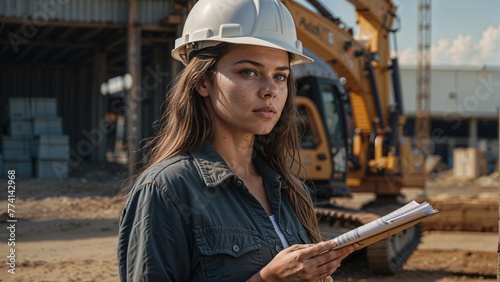 Female construction engineer in hardhat holding a notepad and looking away on construction site, International Worker's day, Labour Day, Health & safety at work