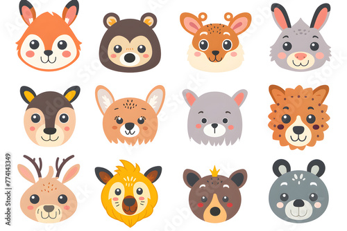 A collection of animal faces, including a bear, a deer, and a rabbit. The faces are all smiling and appear to be cute and friendly. Generative AI